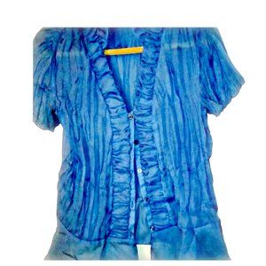 Bethany Ruffle/Pleated Button  Down Blouse. Sized  L- 12/14. Blue.